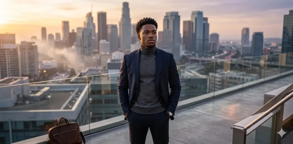 Confident entrepreneur overlooking city skyline