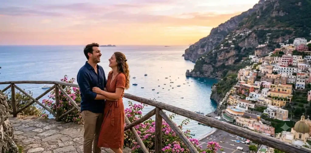 Couple watching sunset over the Amalfi Coast