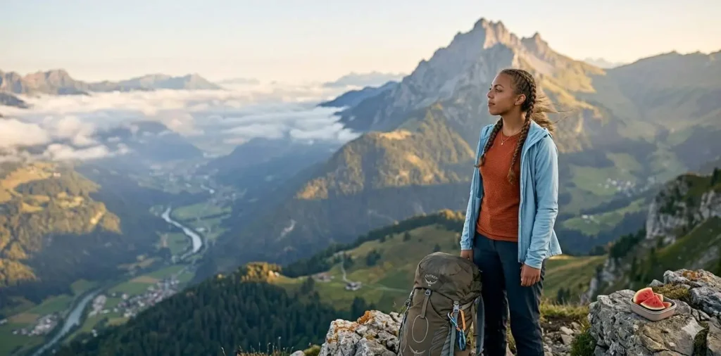 Woman watching sunrise from mountain viewpoint