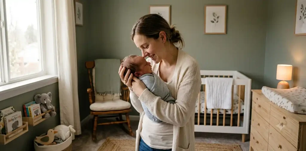 Mother holding newborn baby boy gently