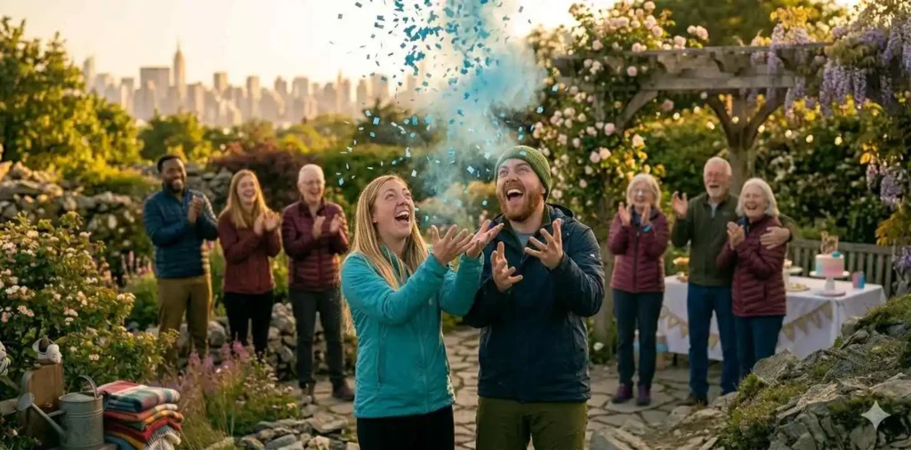 Parents celebrating baby boy reveal outdoors