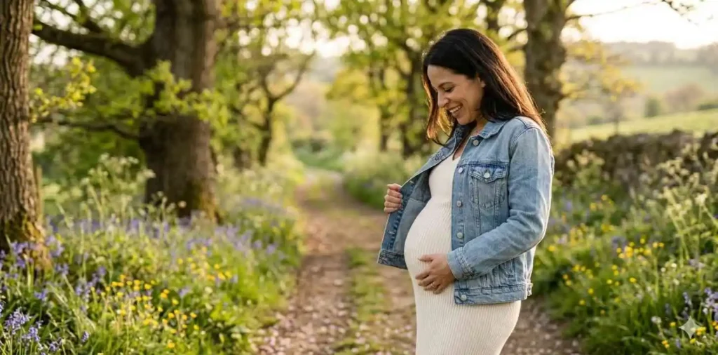 Expectant mother showing baby bump outdoors