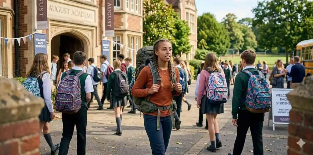 Students walking into school with backpacks