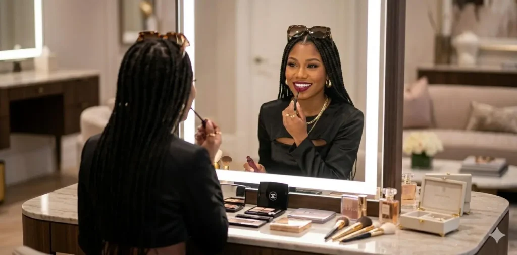 Woman applying lipstick in vanity mirror