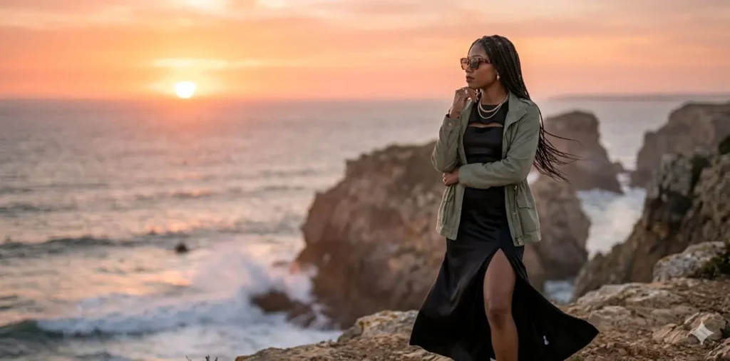 Stylish woman overlooking coastal cliffs at sunset
