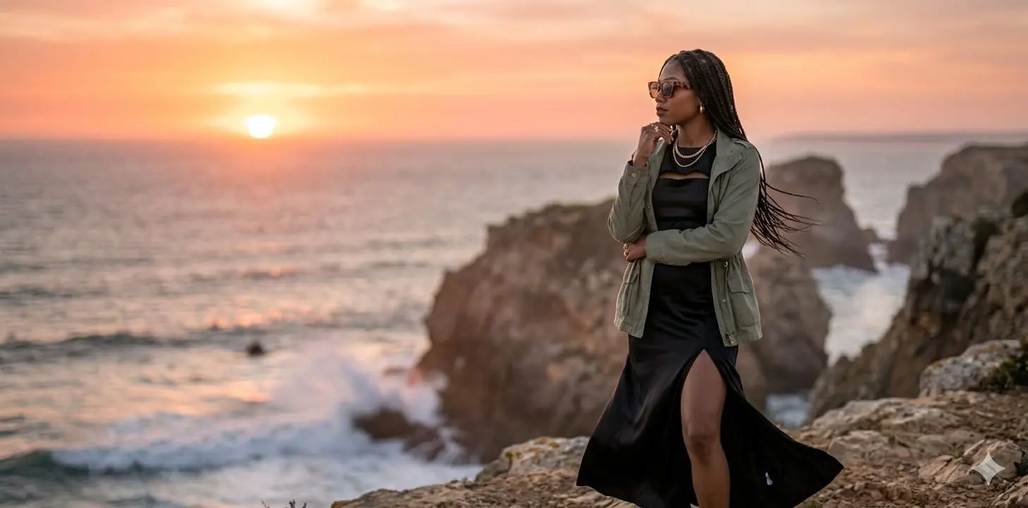 Stylish woman overlooking coastal cliffs at sunset