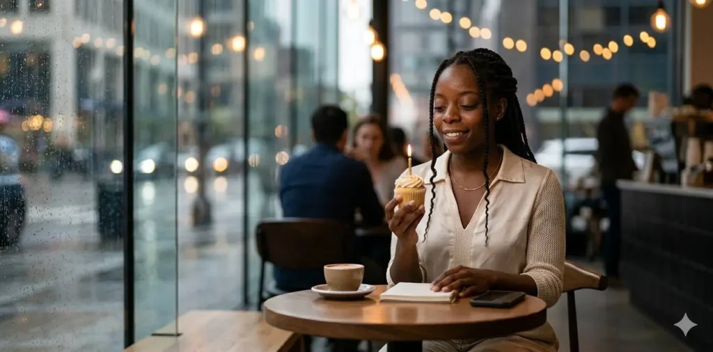 Confident woman enjoying solo birthday celebration
