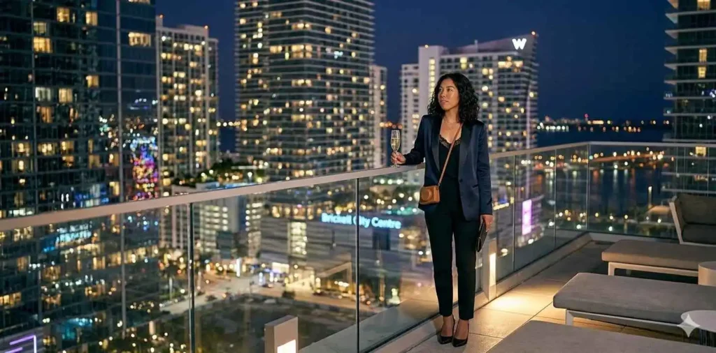 Woman overlooking illuminated city skyline at night