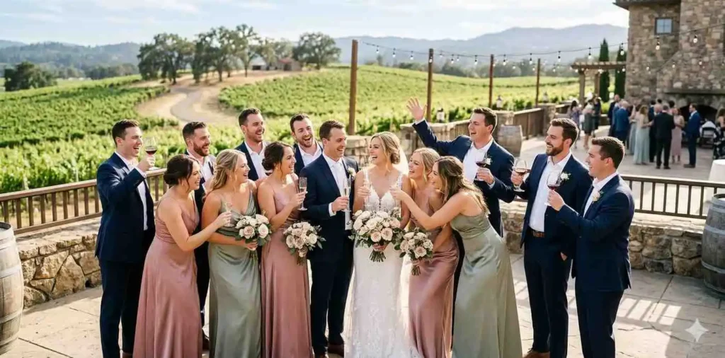 Bridal party celebrating together outdoors