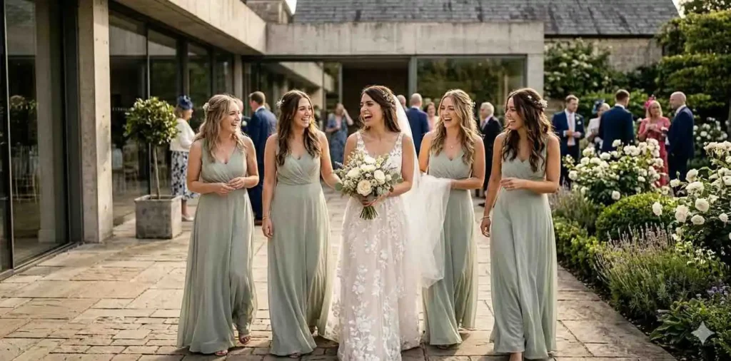 Bridesmaids laughing together beside the bride