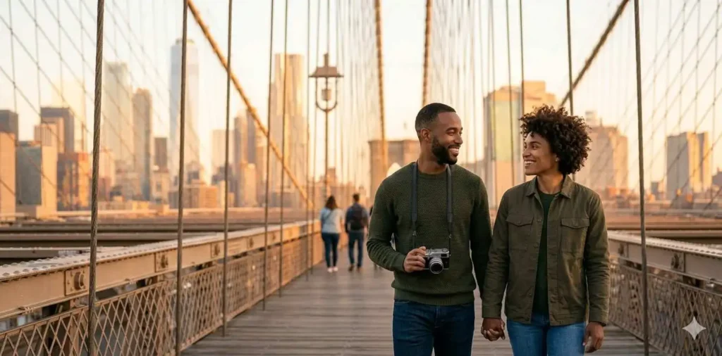 Couple walking across Brooklyn Bridge at sunrise