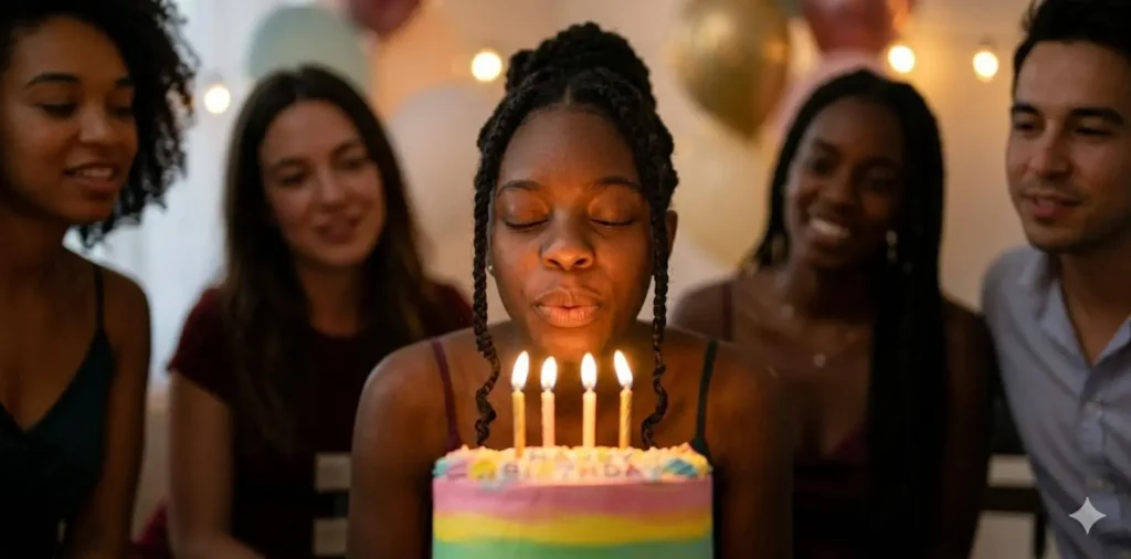 Woman blowing out birthday cake candles
