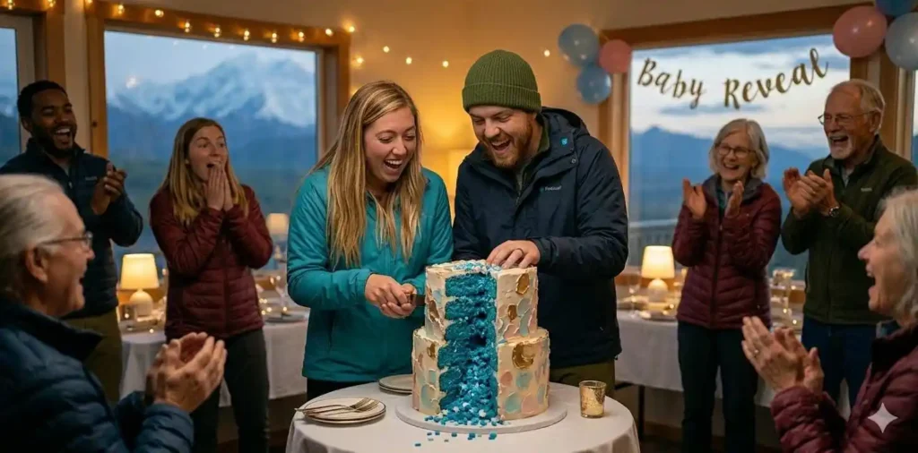 Couple cutting gender reveal cake together