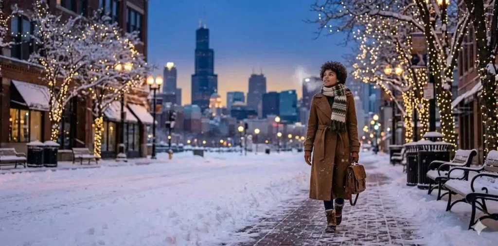 Woman walking through snowy Chicago street