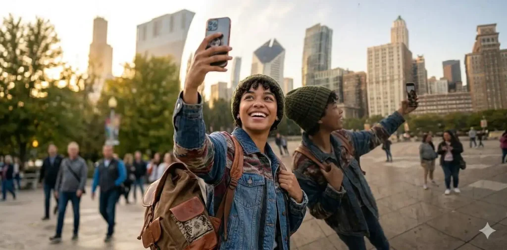 Tourist admiring Cloud Gate in Chicago