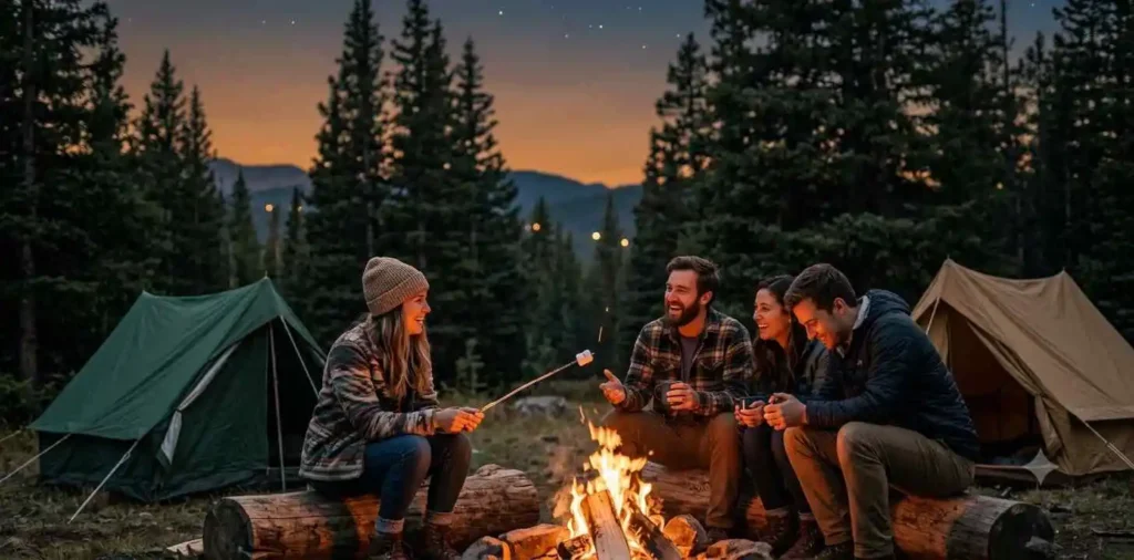 Friends enjoying a cozy mountain campsite at sunset