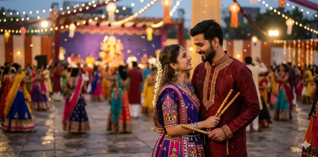 Couple smiling during festive dance event