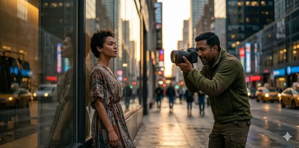 Photographer composing artistic urban portrait shot