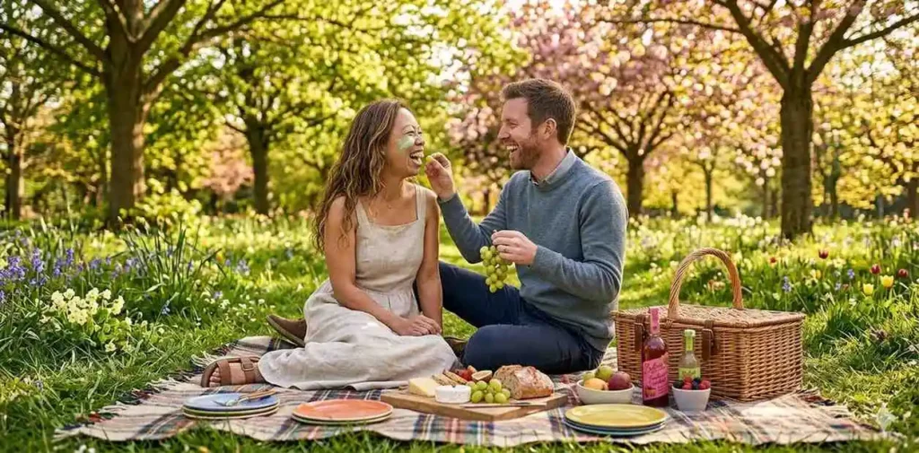 Couple laughing together during a picnic
