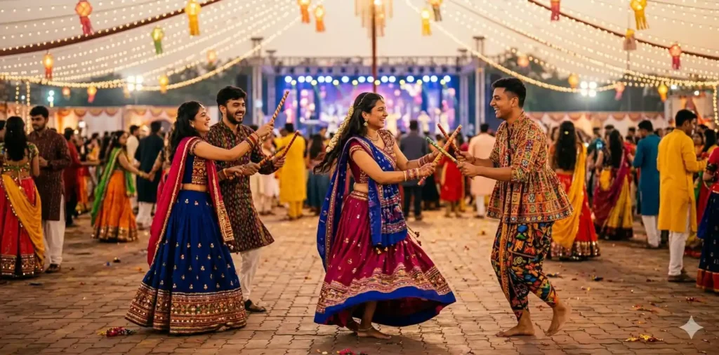 Friends dancing with dandiya sticks at night