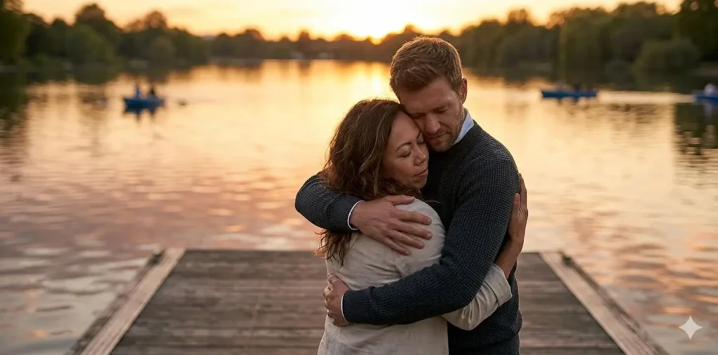 Couple embracing during a quiet sunset