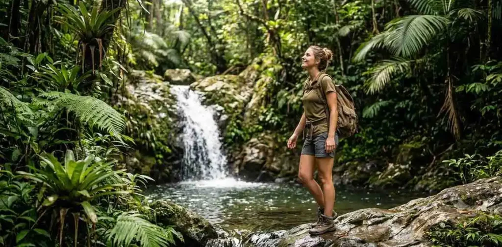 Hiker smiling beside tropical rainforest waterfall