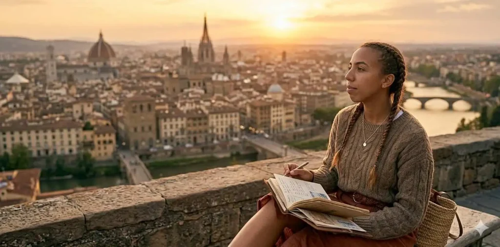 Traveler watching sunset from European viewpoint
