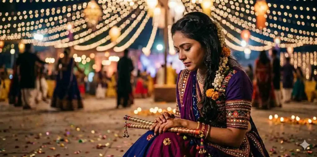 Woman enjoying heartfelt Garba celebration moment