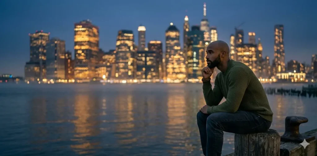 Woman reflecting alone with NYC skyline at dusk