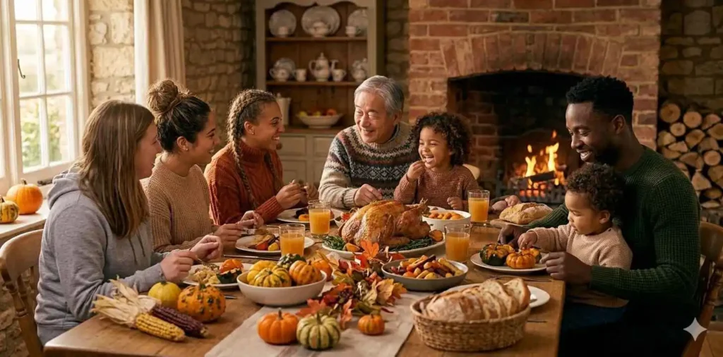 Family sharing meal around autumn table