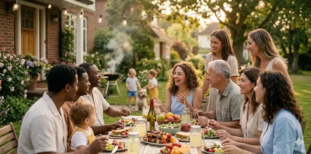 Large family enjoying outdoor summer meal