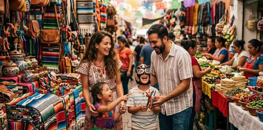 Family exploring a colorful Mexican market together