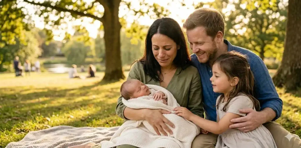 Family gathered around sleeping newborn baby