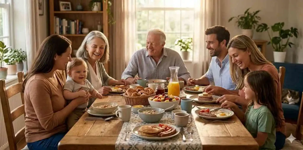 Family enjoying brunch together at home