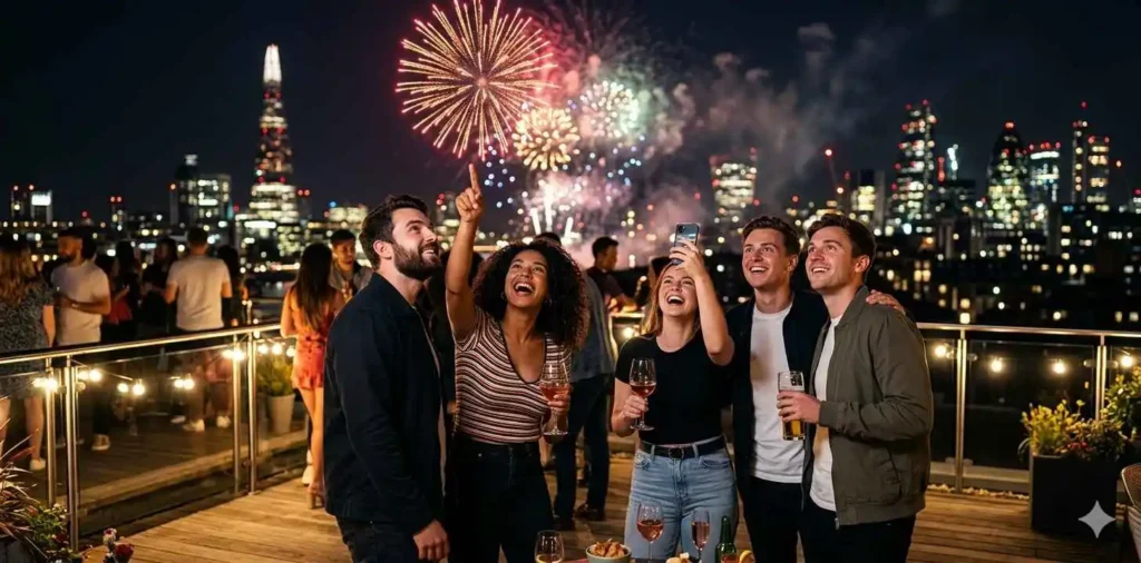 Friends watching fireworks under summer night sky