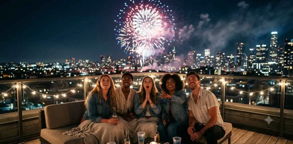 Friends watching fireworks over the city 
