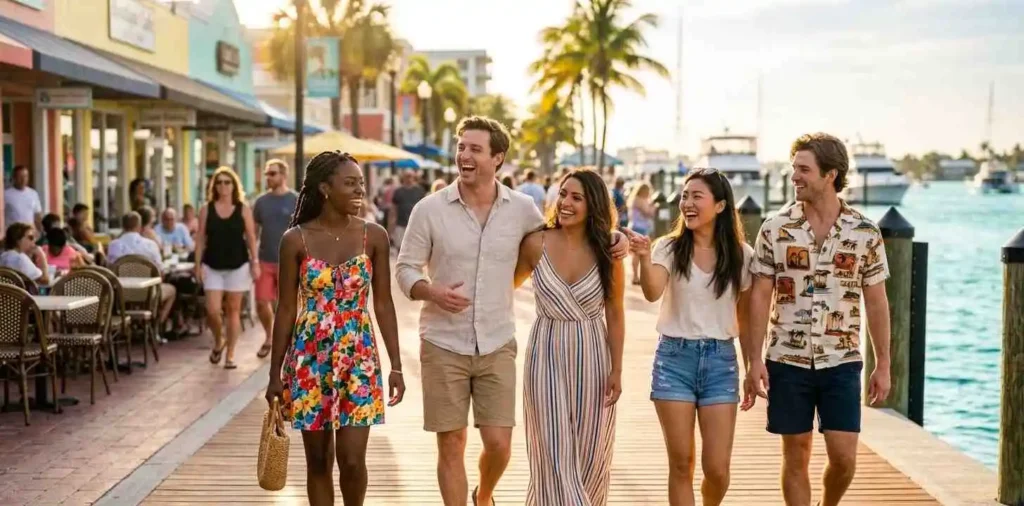 Friends laughing beside colorful beach boardwalk