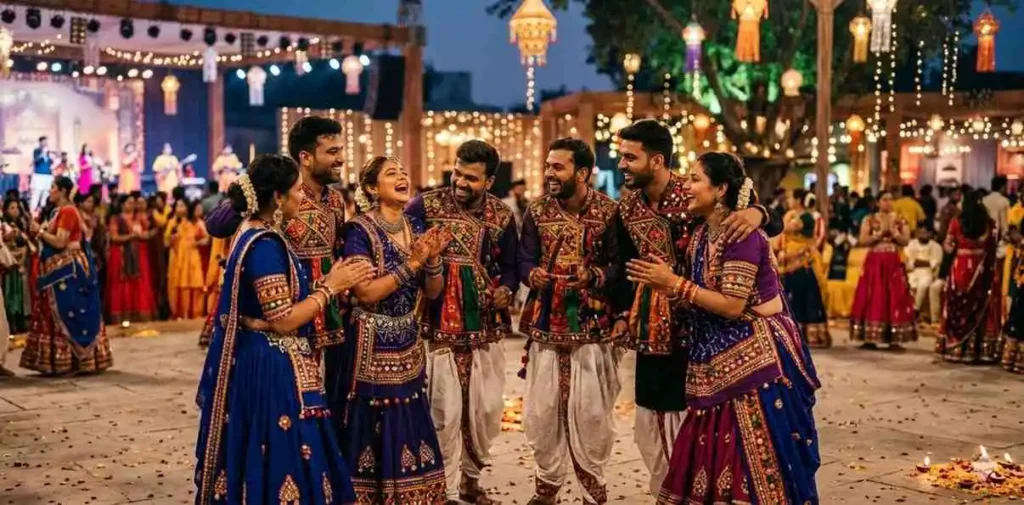 Friends dancing together during Garba celebration