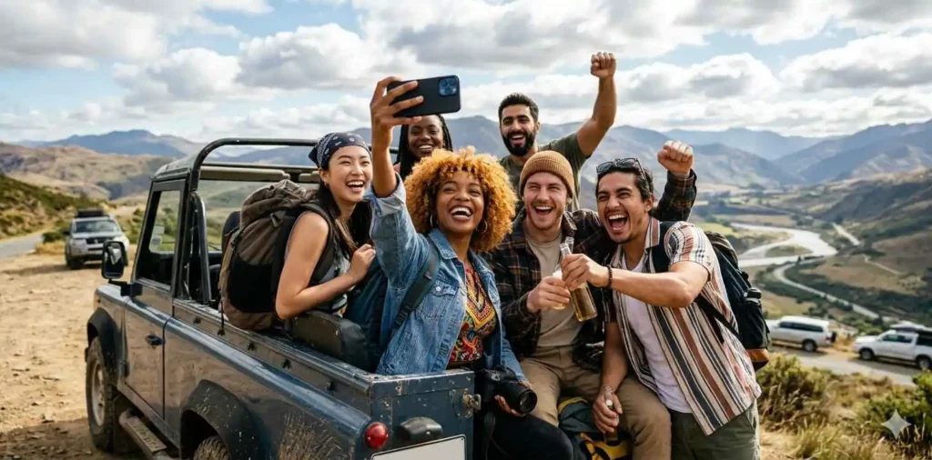 Friends enjoying road trip selfie moment