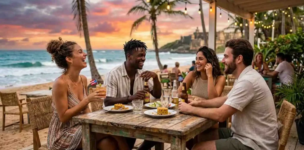 Friends laughing together during tropical vacation