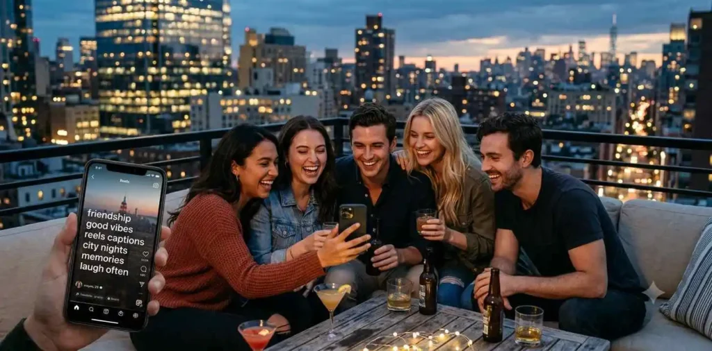 Friends laughing during rooftop gathering