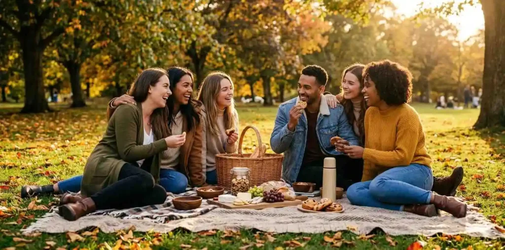 Friends laughing during an autumn picnic
