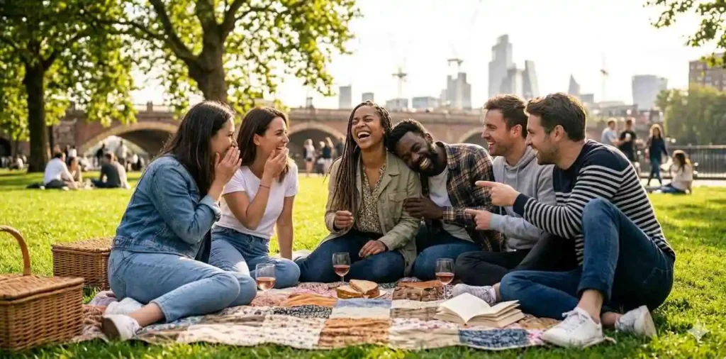 Friends laughing together in a city park