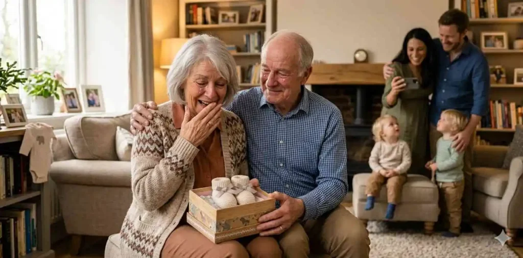 Grandparents reacting to surprise baby announcement