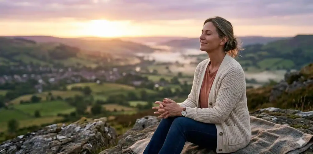 Woman reflecting peacefully during sunrise outdoors