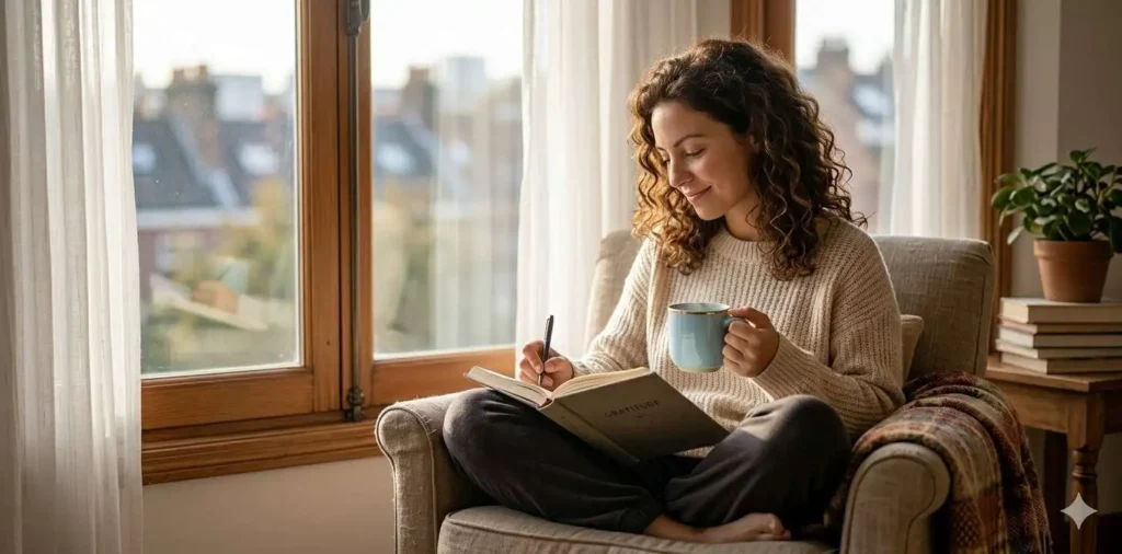 Woman journaling with coffee by window