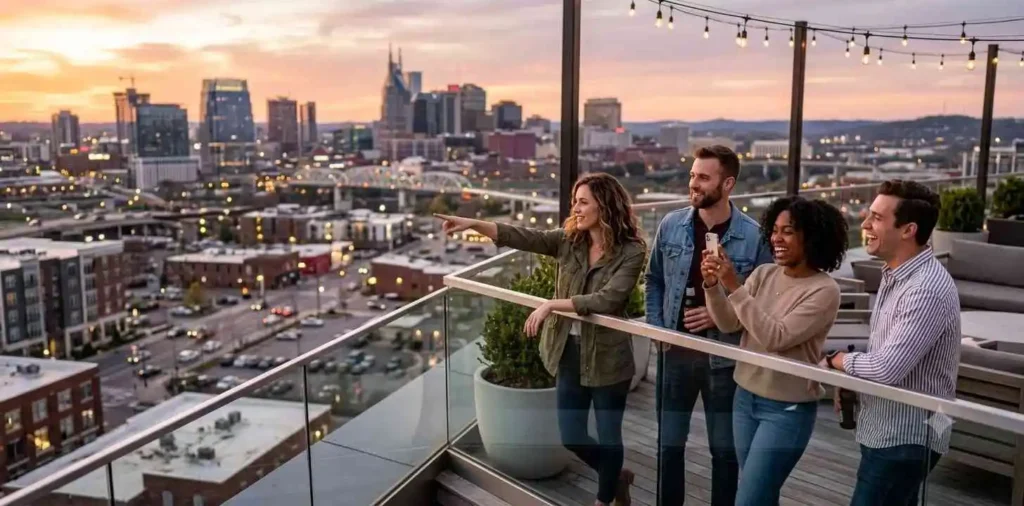 Friends enjoying rooftop view of Nashville Gulch skyline