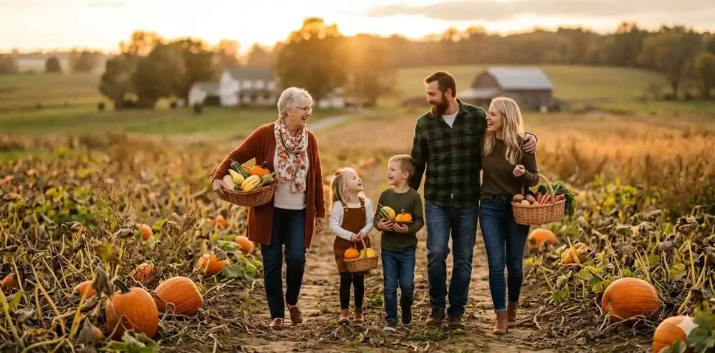 Family gathering in pumpkin field at sunset