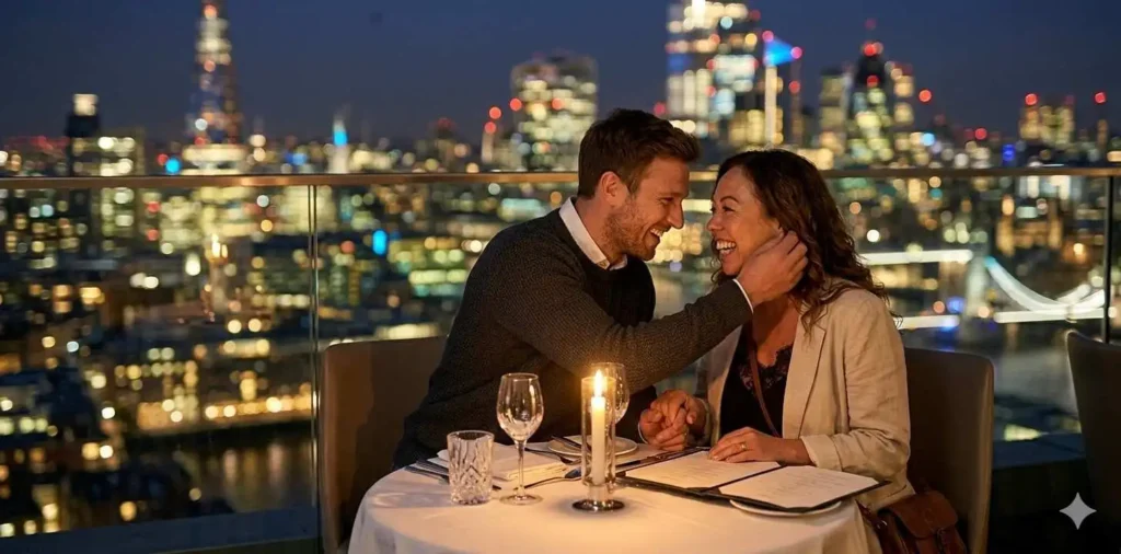 Couple enjoying dinner under city lights
