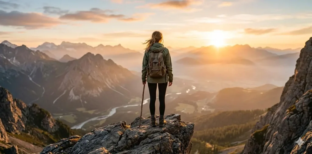 Solo traveler admiring mountain sunrise view